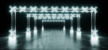 Parlayan çapraz şeklinde beyaz fütüristik Sci Fi Modern Retro Neon ışıkları aç sahne inşaat Grunge beton yansıma zemin siyah zemin üzerine arka plan 3d render illüstrasyon