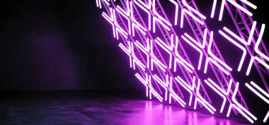 Karanlık boş Sci Fi Modern futuristik mor çapraz şeklinde Neon Led parlayan ışıklar üzerinde Grunge beton yansıma Oda boş alanı metin için 3d render illüstrasyon