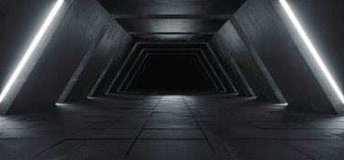 Uzaylı Sci Fi Modern futuristik Minimalist boş karanlık beton koridor tünel beyaz bir parlaklık ışık boş alan içeren metin bilim kurgu için arka plan 3d render illüstrasyon