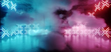 Sci Fi Retro futuristik Modern duman sisli sahne Club boş inşaat ile Neon parlak mor pembe mavi ışıklar Grunge beton yansıma zemin üzerinde arka plan 3d Renderin