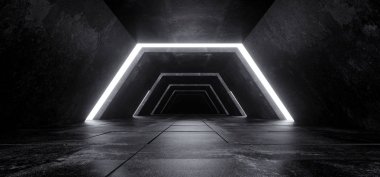 Uzaylı Sci Fi Modern futuristik Minimalist boş karanlık beton koridor tünel beyaz bir parlaklık ışık boş alan içeren metin bilim kurgu için arka plan 3d render illüstrasyon