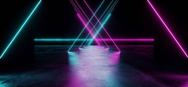 Üçgen Sci Fi fütüristik Modern canlı parlak Neon mor pembe mavi lazer tüp ışıklar uzun siyah boş Grunge doku beton Tüneli'nde arka plan 3d render illüstrasyon