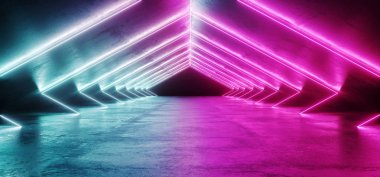 Soyut Sci Fi fütüristik Modern canlı parlak Neon mor pembe mavi lazer tüp ışıklar uzun siyah boş Grunge doku beton Tüneli'nde arka plan 3d render illüstrasyon