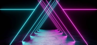 Üçgen şeklinde Sci Fi fütüristik Modern canlı parlak Neon mor pembe mavi lazer tüp ışıklar uzun siyah boş Grunge doku beton Tüneli'nde arka plan 3d render illüstrasyon