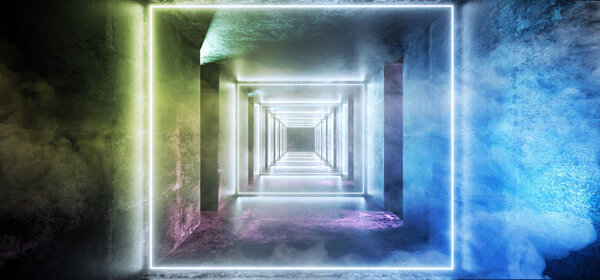 Abstract Long Grunge Concrete Sci Fi Modern Dark Empty Tunnel With Smoke Fog And Purple Blue Orange Green Led Neon Glowing Lights Reflections Background 3D Rendering Illustration