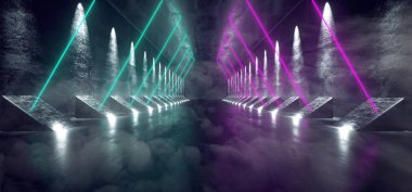 Sisli karanlık bilimkurgu boş Modern futuristik uzay gemisi tünel koridor yansıtıcı beton doku ve parlayan üçgen şeklinde mavi mor Neon ile duman ışıklar arka plan 3d render illüstrasyon