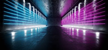Karanlık bilimkurgu boş Modern futuristik uzay gemisi tünel koridor hattıyla yansıtıcı beton doku ve mor pembe mavi buz Neon parlayan tüpler ışıklar arka plan 3d render illüstrasyon
