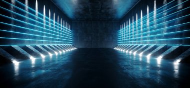 Karanlık bilimkurgu boş Modern futuristik uzay gemisi tünel koridor yansıtıcı beton doku ve Mavi Neon parlayan satır tüpler ışıkları ile arka plan 3d render illüstrasyon