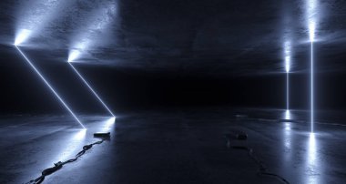 Sci Fi Modern futuristik Uzay uzaylı koridor tünel beton yansıtıcı doku ve kabloları beyaz buz parlayan lazer Neon ile katta ışık Led 3d render resim tüpler