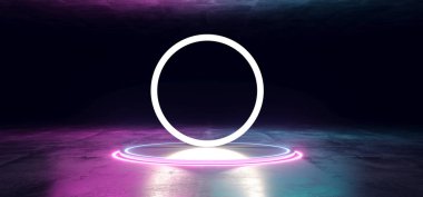 Led Neon lazer parlak mor pembe mavi ışık daireler ve büyük daire modern futuristik Sci Fi Karanlık Grunge beton yansıtıcı doku oda ışık boş alan 3d render illüstrasyon