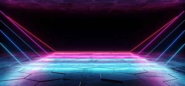 摘要霓虹灯 激光带领粉红蓝色紫色发光未来派线在黑暗空的混凝土六角形地板房间空空间为文本展示房间舞台设计背景3D 渲染插图 — 图库照片