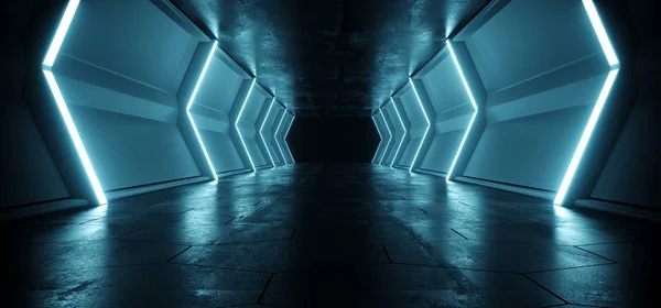 Neon Azul Iluminado Sci Futurista Alien Ship Reflexivo Vazio Túnel — Fotografia de Stock