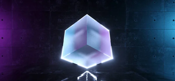 Sci Fi Modern Futuristic Frosted Glass Cube Object Shape With Glowing Led White Edges In Dark Grunge Concrete Reflective Room With Purple And Blue Lights Behing Empty Space 3D Rendering Illustration