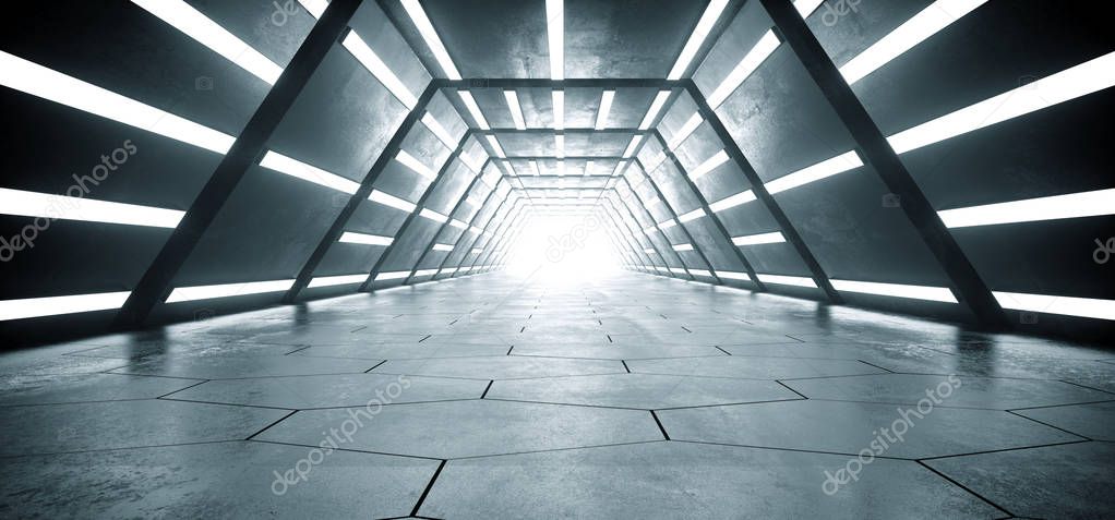 Sci Fi Modern Futuristic Empty Bright Alien Ship Grunge Reflective Concrete Hexagonal Floor Tunnel Corridor With White Glowing Led Stripes Background Technology 3D Rendering  Illustration
