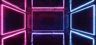 Modern şık futuristik Neon mavi mor pembe parlayan dikdörtgen ışıkları karanlık boş metin Oda Grunge yansıtıcı beton için arka plan 3d render illüstrasyon