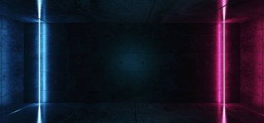 Neon parlayan dikey lazer tüp hatları mavi pembe mor renkler içinde karanlık Grunge kaba beton yansıtıcı Oda boş alan için metin Sci Fi Modern Retro 3d render illüstrasyon