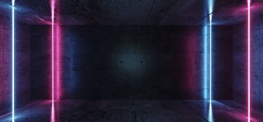 Neon parlayan dikey lazer tüp hatları mavi pembe mor renkler içinde karanlık Grunge kaba beton yansıtıcı Oda boş alan için metin Sci Fi Modern Retro 3d render illüstrasyon