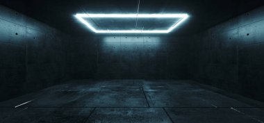 Modern şık futuristik Neon mavi çatı parlayan dikdörtgen ışık karanlık boş metin Oda Grunge yansıtıcı beton için arka plan 3d render illüstrasyon
