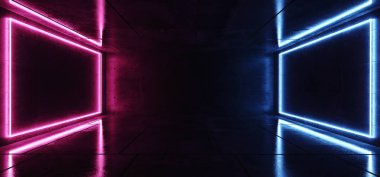 Modern şık futuristik Neon mavi mor pembe parlayan dikdörtgen ışıkları karanlık boş metin Oda Grunge yansıtıcı beton için arka plan 3d render illüstrasyon