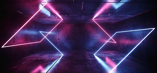 Sci Fi Neon soyut mor mavi pembe parlayan dikdörtgen tüp şekiller lazerler karanlık boş Grunge beton Oda arka plan yansımaları 3d render illüstrasyon