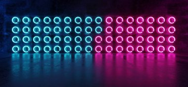 Modern Neon parlak mor pembe mavi çörek daire şeklinde ışıkları podyum Showroom sahnede yansıtıcı Grunge beton duvarlar zemin karanlık kulüp oda 3d render illüstrasyon