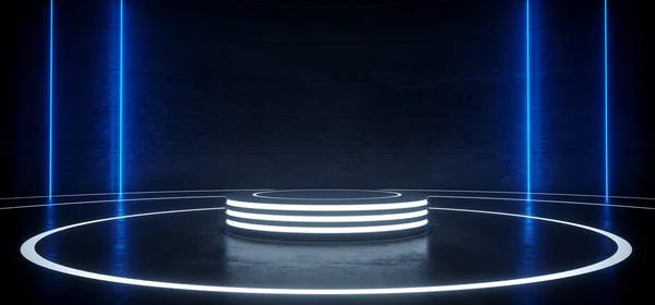 Sci Fi Modern Merhaba Tech boş podyum hafif yuvarlak daire sahne Neon parlayan mavi dikey çizgiler ürün ile karanlık yansıtıcı odada vitrin 3d render illüstrasyon