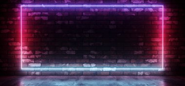 Club Neon Sci Fi Retro futuristik parlayan dikdörtgen çerçeve şeklinde degrade parlak pembe mor mavi ışık Grunge tuğla duvar beton yansıtıcı zemin karanlık oda 3d render illüstrasyon