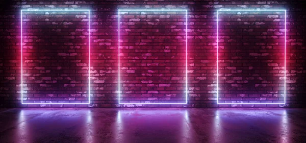 Club Neon Sci Fi Retro Futuristic Glowing Rectangle Frame Shaped Gradient Glowing Pink Purple Blue Light On Grunge Brick Wall Concrete Reflective Floor Dark Room 3D Rendering Illustration