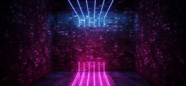 Karanlık Sci Fi Modern futuristik boş Grunge tuğla duvar Oda mor mavi ışıklar beton Neon dikey çizgi ışık şekilleri boş alan parlak pembe 3d render illüstrasyon