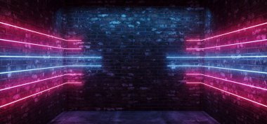 Karanlık Sci Fi Modern futuristik boş Grunge tuğla duvar Oda mor mavi ışıklar beton Neon yatay çizgi ışık şekilleri boş yer parlak pembe 3d render illüstrasyon