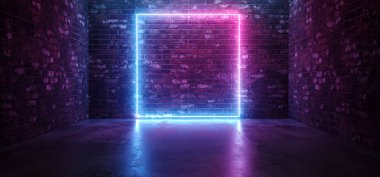 Parlayan dikdörtgen çerçeve şeklinde fütüristik Sci Fi zarif Modern Neon boru hatları mor pembe mavi renkli ışıklar karanlık boş Grunge beton tuğla odada arka plan 3d render illüstrasyon