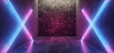 Fütüristik Sci Fi Retro Modern Neon parlayan çapraz çizgiler tüpler şeklinde mor pembe mavi renkli ışıklar karanlık boş Grunge beton tuğla odada arka plan 3d render illüstrasyon