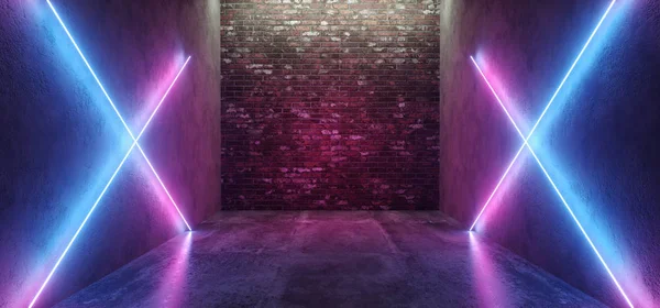 Futuristic Sci Fi Retro Modern Neon Glowing Crossed Shaped Lines Tubes Purple Pink Blue Colored Lights In Dark Empty Grunge Concrete Bricks Room Background 3D Rendering Illustration