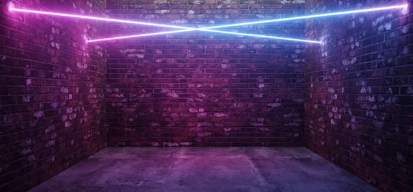 未来派科幻复古现代霓虹灯交叉形线管紫色粉红色蓝色彩色灯光在黑暗的空格拉格混凝土砖房间背景3D 渲染插图 — 图库照片