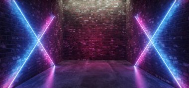 Sci Fi Neon Futuristic Modern Retro Cross Shaped Lights Glowing Gradient Pink Purple Blue In Dark Empty Room Brick Grunge Walls Reflective Concrete Floor 3D Rendering Illustration clipart