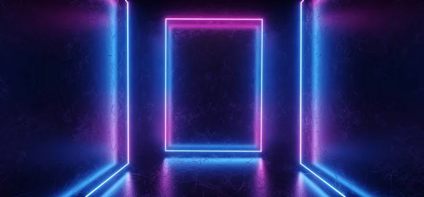 现代优雅的科幻未来派黑暗划痕金属混凝土大房间与反射纹理霓虹灯发光矩形框架形状紫色蓝色3D 渲染插图 — 图库照片
