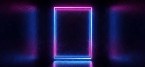 Modern Elegant Sci FI Futuristic Dark Scratched Metal Concrete Grunge Room With Reflections Realistic Texture Neon Glowing Rectangle Frame Shape Purple Blue 3D Rendering Illustration