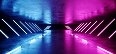 Neon parlayan üçgen uzun tünel yol mor mavi ışıklar Sci Fi fütüristik Modern zarif ultraviyole sahne alanı üzerinde Grunge yansıtıcı beton 3d render resimde boş alanı şeklinde.