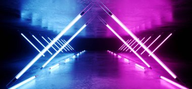 Neon parlayan üçgen uzun tünel yol mor mavi ışıklar Sci Fi fütüristik Modern zarif ultraviyole sahne alanı üzerinde Grunge yansıtıcı beton 3d render resimde boş alanı şeklinde.