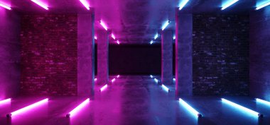 Sci Fi Modern Neon parlayan arka plan lazer Grunge beton tuğla duvarlar Oda boş için mor pembe mavi ışıklar metin Retro Galerisi sahne 3d render illüstrasyon