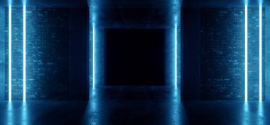 Zarif Neon lazer parlayan led tüp dikey ışıklar içinde karanlık boş beton tuğla Grunge Galeri Oda tünel Sci Fi Retro futuristik 3d render illüstrasyon