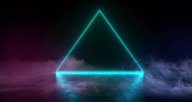 Soyut Sci Fi Modern futuristik üçgen şeklinde Neon parlayan Bloom ışık içinde karanlık boş alanı ile duman ve sis üzerinde beton grunge kat yansıma 3d render illüstrasyon