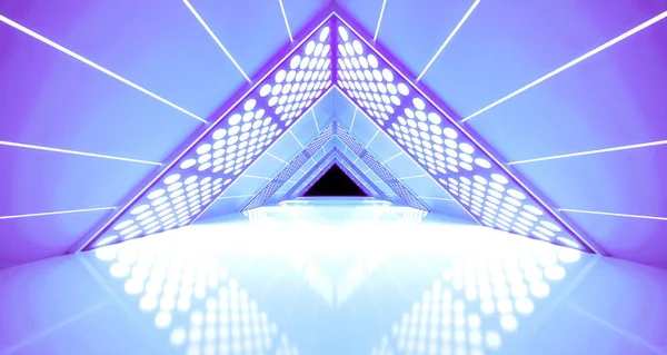 Sci Fi Elegant Futuristic Alien Ship Glowing Vibrant Triangle Shaped Led Purple Blue Reflection Textured Tunnel Corridor Bright Empty 3D Rendering Illustration