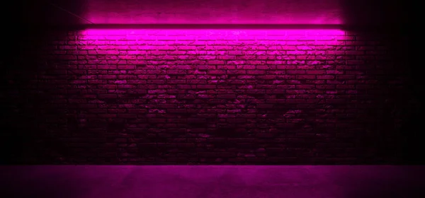 Metin ve beton zemin karanlık odada Club Showroom Retro zarif 3d render sahne için Neon parlak pembe mor ışık Grunge canlı tuğla duvar boş boş illüstrasyon
