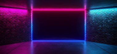 Fütüristik dans kulübü Neon parlak mor mavi pembe Retro zarif boş sahne oda ile yansıtıcı Grunge beton tuğla duvar dikdörtgen şeklinde Neon ışık şekil kare 3d render illüstrasyon