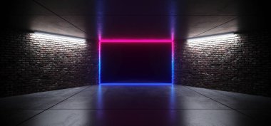 Fütüristik dans kulübü Neon parlak mor mavi pembe Retro zarif boş sahne oda ile yansıtıcı Grunge beton tuğla duvar dikdörtgen şeklinde Neon ışık şekil kare 3d render illüstrasyon