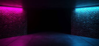 Modern futuristik Sci Fi Retro zarif Club disko parti neon parlak mor pembe mavi Grunge tuğla beton oda ile parlayan ışıkları boş sahne arka plan 3d render illüstrasyon