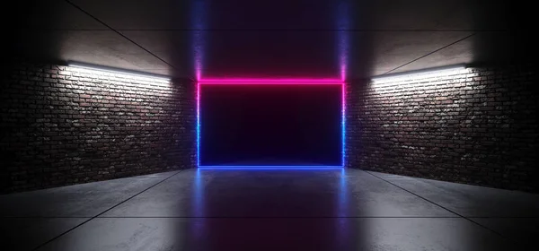 Futuristic Dance Club Neon Glowing Purple Blue Pink Retro Elegant Empty Stage Room With Reflective Grunge Concrete Brick Wall rectangle Shaped Neon Light Shape Frame 3D Rendering Illustration