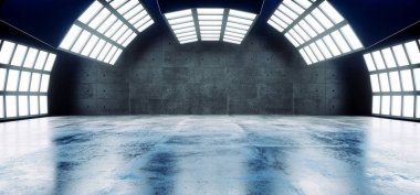 Fütüristik Sci Fi Modern boş büyük salonu Karanlık Grunge yansıtıcı beton kavisli büyük beyaz mavi ışıklar Studio sahne boş Showroom canlı 3d parlayan resim işleme