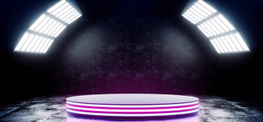 Sci Fi Modern futuristik Neon mor parlak mavi canlı renklerle boş daire sahne Hall ile büyük beyaz ışık Studio Grunge yansıtıcı beton karanlık oda 3d render illüstrasyon